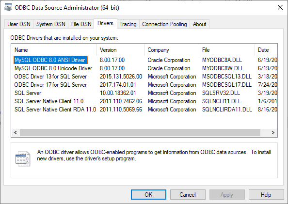 检查它是通过 ODBC 数据源管理器和驱动程序选项卡安装在机器上的 MySQL 的 ODBC 驱动程序