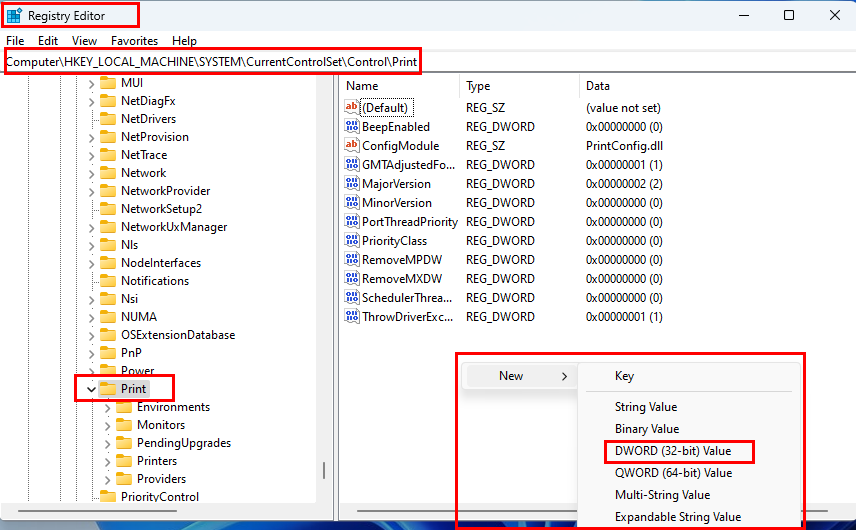 Creating a new registry value in the Registry Editor on Windows 11