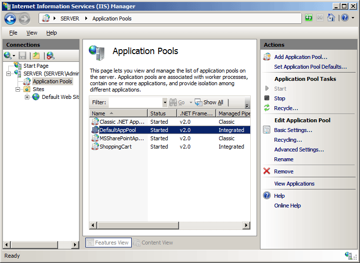 从“连接”窗格填充的“应用程序池”屏幕的屏幕截图。