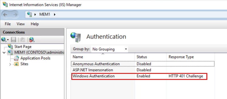Internet Information Services Manager 窗口的屏幕截图，其中显示了“已启用 Windows 身份验证”。