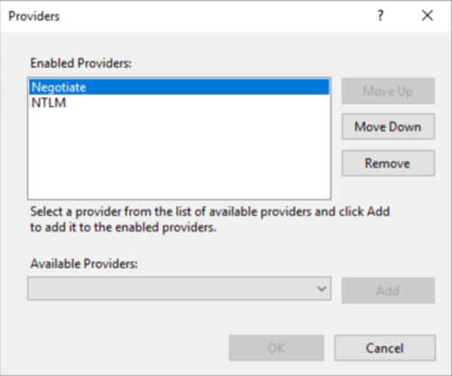 “提供程序”窗口的屏幕截图，其中显示了“已启用的提供程序包括协商”。