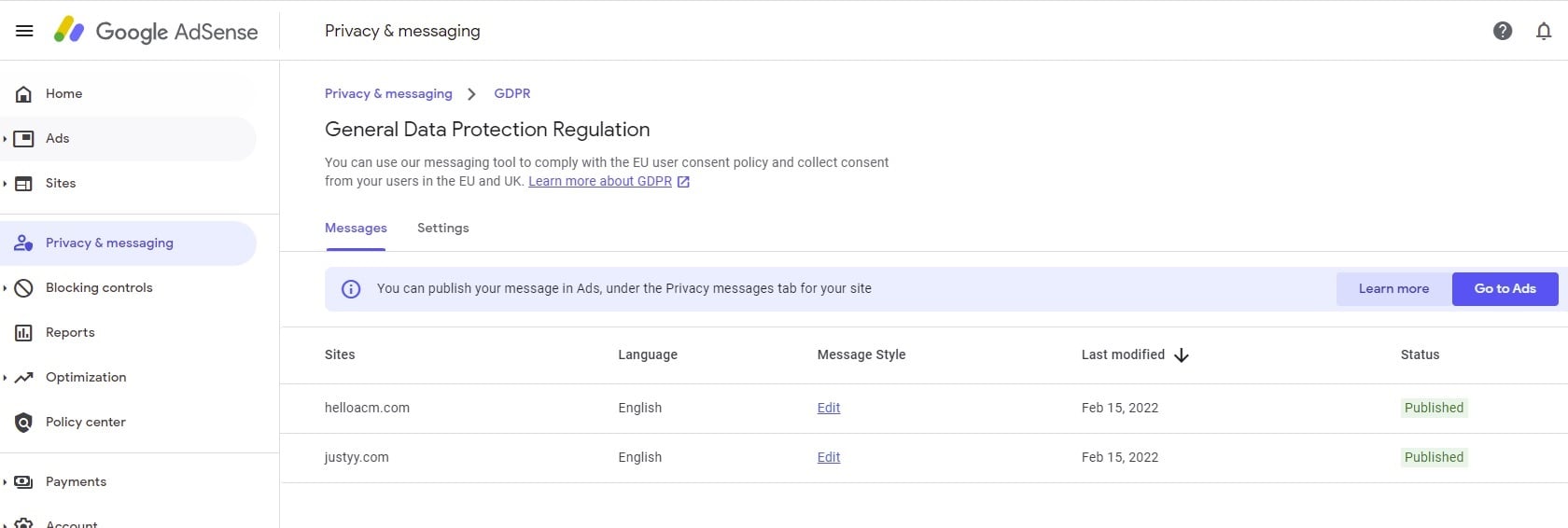 gdpr-adsense-sites Adsense广告里需要开启GDPR设置 Adsense 广告 资讯 gdpr-adsense-sites Adsense广告里需要开启GDPR设置 Adsense 广告 资讯