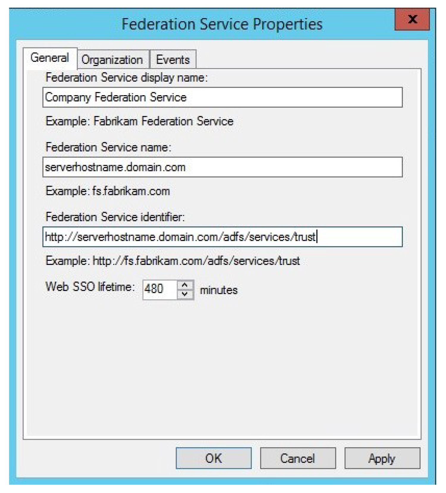 A screenshot showing the Federation Services Properties window.