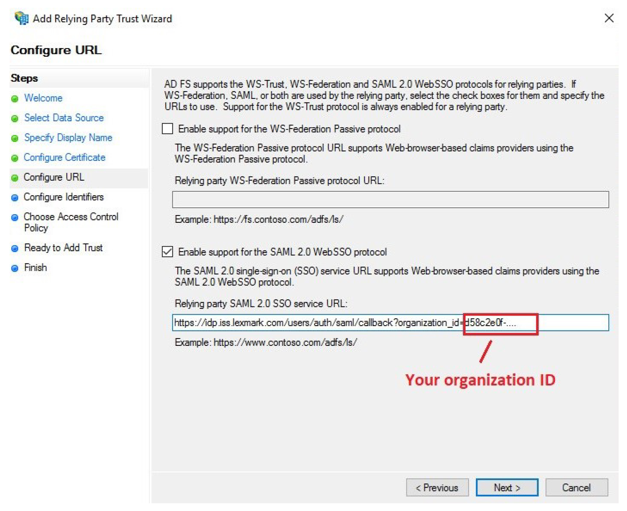 A screenshot showing the relying party service URL.