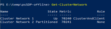 Get-ClusterNetwork 命令结果的屏幕截图。