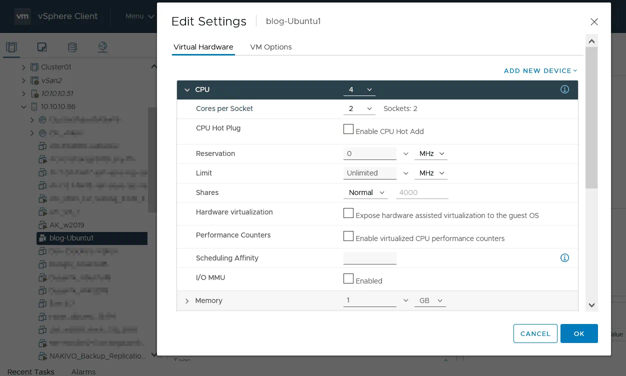 Configuring processors and the number of cores per CPU for a VM in VMware vSphere Client