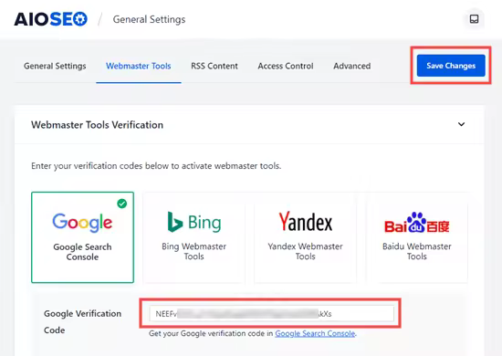 AIOSEO插件谷歌站长工具验证码